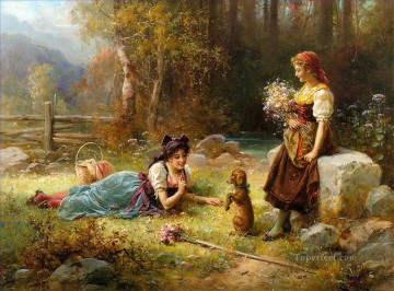 girls playing with a dog Hans Zatzka animal puppy Oil Paintings